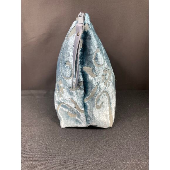 Aqua Blue Velour Floral Handmade Bag, One of a Kind Pouch, Lined Satchel, Travel - Picture 5 of 6